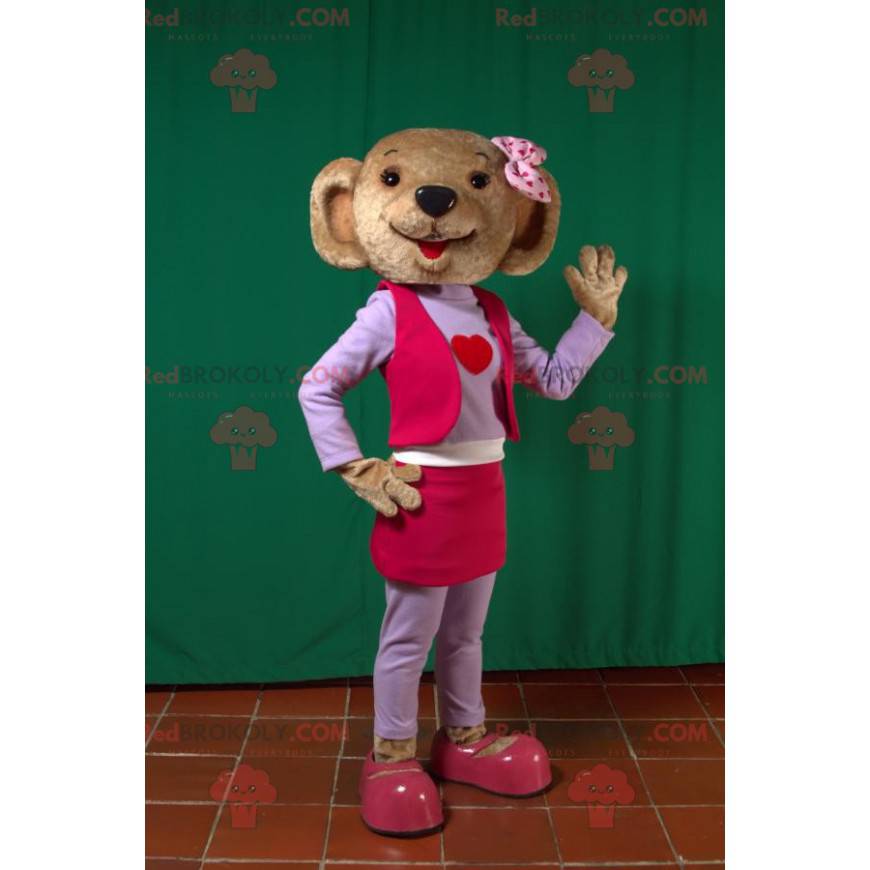 Maskotka niedźwiedź brunatny w różowo-fioletowym stroju -