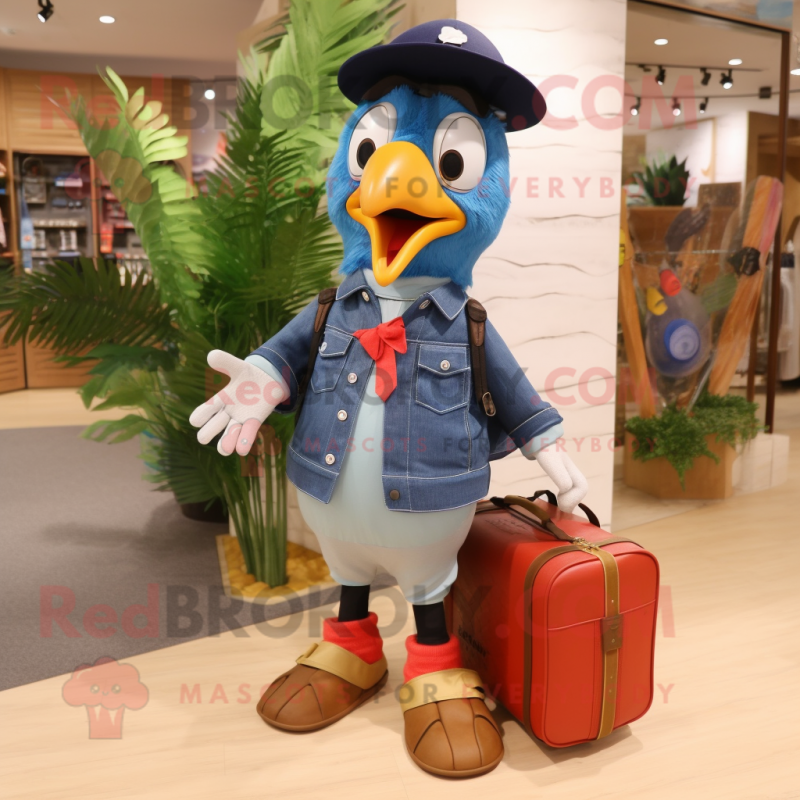 Navy Woodpecker mascot costume character dressed with a Denim Shorts and Briefcases Navy Woodpecker mascot costume character dressed with a Denim Shorts and Briefcases