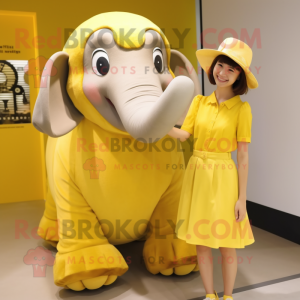 Lemon Yellow Mammoth mascot costume character dressed with a Pencil Skirt and Berets