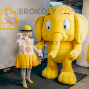 Lemon Yellow Mammoth mascot costume character dressed with a Pencil Skirt and Berets