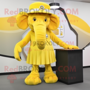 Lemon Yellow Mammoth mascot costume character dressed with a Pencil Skirt and Berets