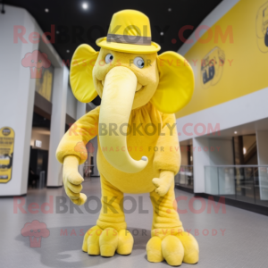 Lemon Yellow Mammoth mascot costume character dressed with a Pencil Skirt and Berets