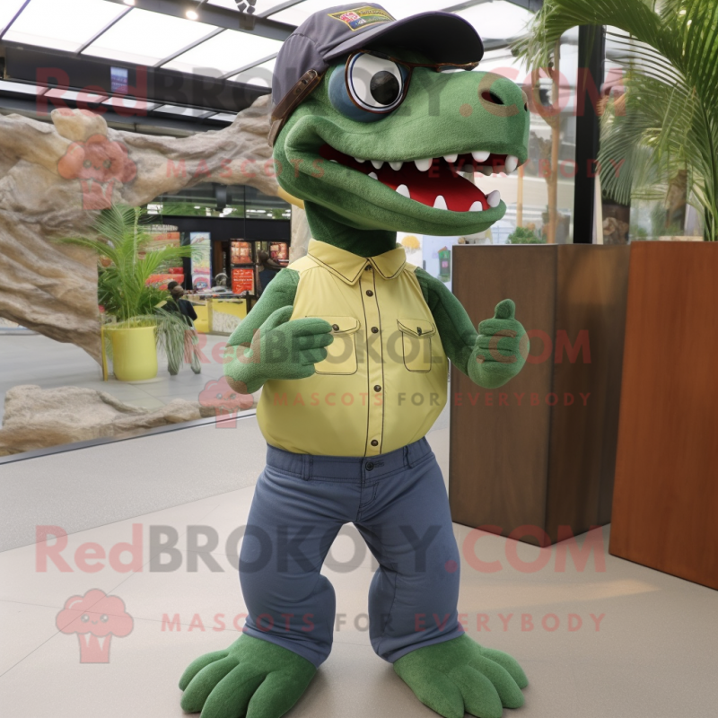 Olive Tyrannosaurus mascot costume character dressed with a Jeans and Eyeglasses