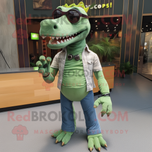 Olive Tyrannosaurus mascot costume character dressed with a Jeans and Eyeglasses
