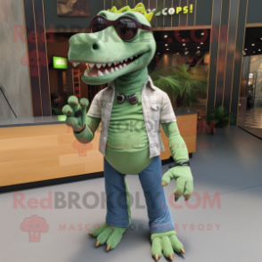 Olive Tyrannosaurus mascot costume character dressed with a Jeans and Eyeglasses