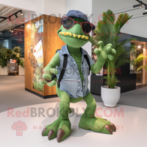 Olive Tyrannosaurus mascot costume character dressed with a Jeans and Eyeglasses