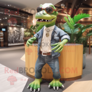 Olive Tyrannosaurus mascot costume character dressed with a Jeans and Eyeglasses