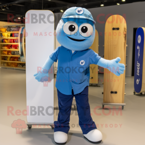 Blue Skateboard mascot costume character dressed with a Poplin Shirt and Smartwatches
