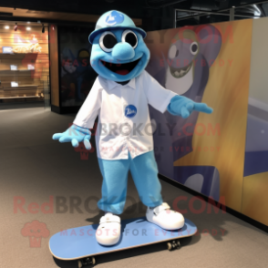 Blue Skateboard mascot costume character dressed with a Poplin Shirt and Smartwatches