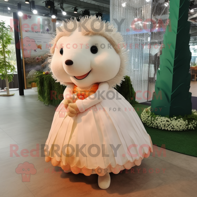 Peach Hedgehog mascot costume character dressed with a Wedding Dress and Shoe laces