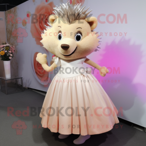 Peach Hedgehog mascot costume character dressed with a Wedding Dress and Shoe laces