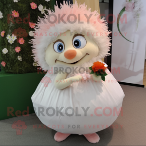 Peach Hedgehog mascot costume character dressed with a Wedding Dress and Shoe laces