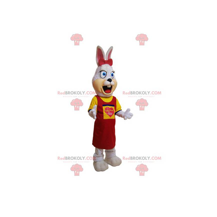 Hairy white rabbit mascot dressed in yellow and red -