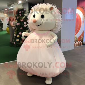 Peach Hedgehog mascot costume character dressed with a Wedding Dress and Shoe laces