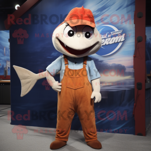 Rust Swordfish mascot costume character dressed with a Shorts and Suspenders