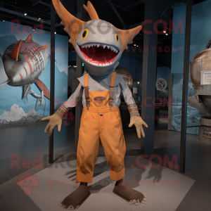 Rust Swordfish mascot costume character dressed with a Shorts and Suspenders