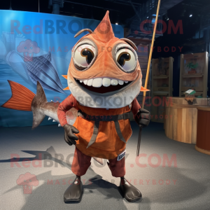 Rust Swordfish mascot costume character dressed with a Shorts and Suspenders