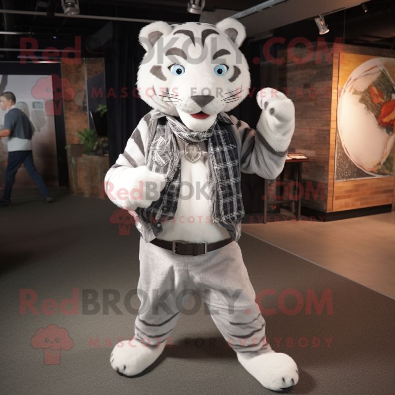 Silver Tiger mascot costume character dressed with a Flannel Shirt and Pocket squares