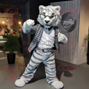 Silver Tiger mascot costume character dressed with a Flannel Shirt and Pocket squares