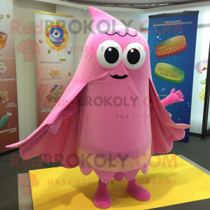 Pink Ray mascot costume character dressed with a Romper and Shawls