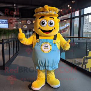 Yellow Burgers mascot costume character dressed with a Dungarees and Digital watches