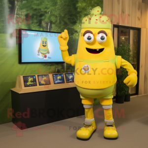 Yellow Burgers mascot costume character dressed with a Dungarees and Digital watches