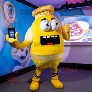 Yellow Burgers mascot costume character dressed with a Dungarees and Digital watches