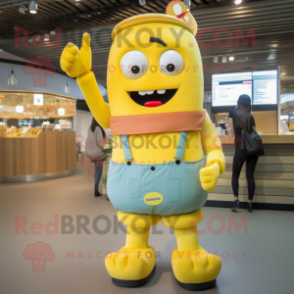 Yellow Burgers mascot costume character dressed with a Dungarees and Digital watches