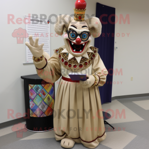 Tan Evil Clown mascot costume character dressed with a Evening Gown and Reading glasses