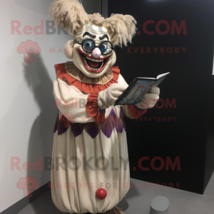 Tan Evil Clown mascot costume character dressed with a Evening Gown and Reading glasses
