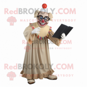 Tan Evil Clown mascot costume character dressed with a Evening Gown and Reading glasses