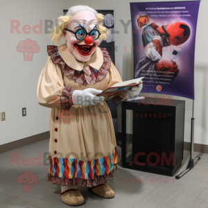 Tan Evil Clown mascot costume character dressed with a Evening Gown and Reading glasses