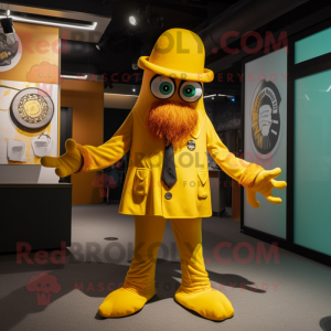 Yellow Kraken mascot costume character dressed with a Suit Pants and Beanies