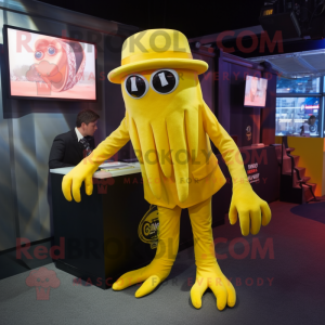 Yellow Kraken mascot costume character dressed with a Suit Pants and Beanies