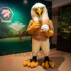 Gold Haast'S Eagle mascot costume character dressed with a Baseball Tee and Necklaces