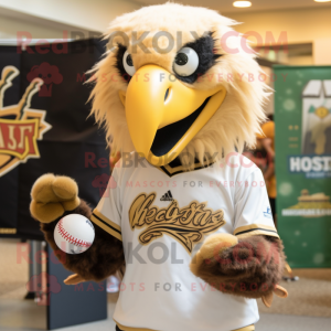 Gold Haast'S Eagle mascot costume character dressed with a Baseball Tee and Necklaces