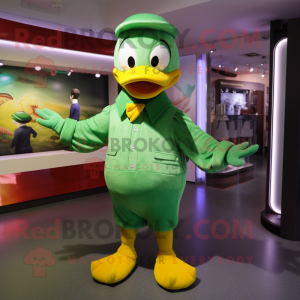 Green Duck mascot costume character dressed with a Trousers and Mittens