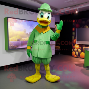 Green Duck mascot costume character dressed with a Trousers and Mittens