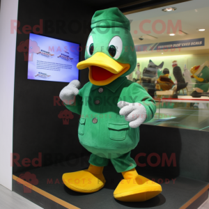 Green Duck mascot costume character dressed with a Trousers and Mittens