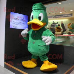 Green Duck mascot costume character dressed with a Trousers and Mittens