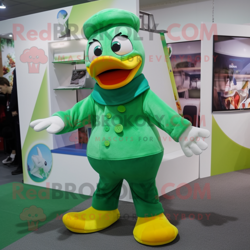 Green Duck mascot costume character dressed with a Trousers and Mittens