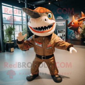 Rust Shark mascot costume character dressed with a Bomber Jacket and Headbands