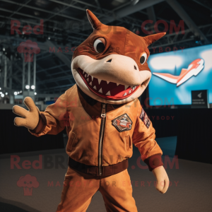 Rust Shark mascot costume character dressed with a Bomber Jacket and Headbands