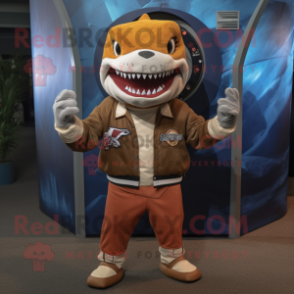 Rust Shark mascot costume character dressed with a Bomber Jacket and Headbands