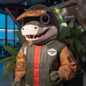 Rust Shark mascot costume character dressed with a Bomber Jacket and Headbands