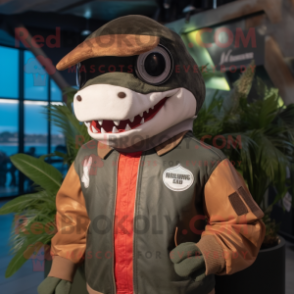 Rust Shark mascot costume character dressed with a Bomber Jacket and Headbands