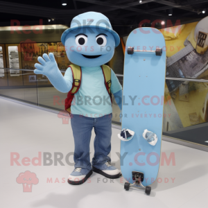 Sky Blue Skateboard mascot costume character dressed with a Cargo Pants and Tote bags