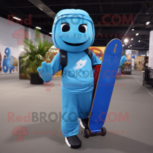 Sky Blue Skateboard mascot costume character dressed with a Cargo Pants and Tote bags