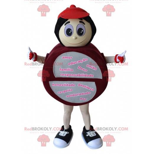 Mascote do boneco de neve redondo vermelho e cinza -