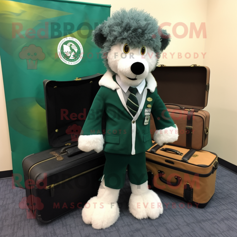 Forest Green Shepard'S Pie mascot costume character dressed with a Suit Jacket and Wallets Forest Green Shepard'S Pie mascot costume character dressed with a Suit Jacket and Wallets